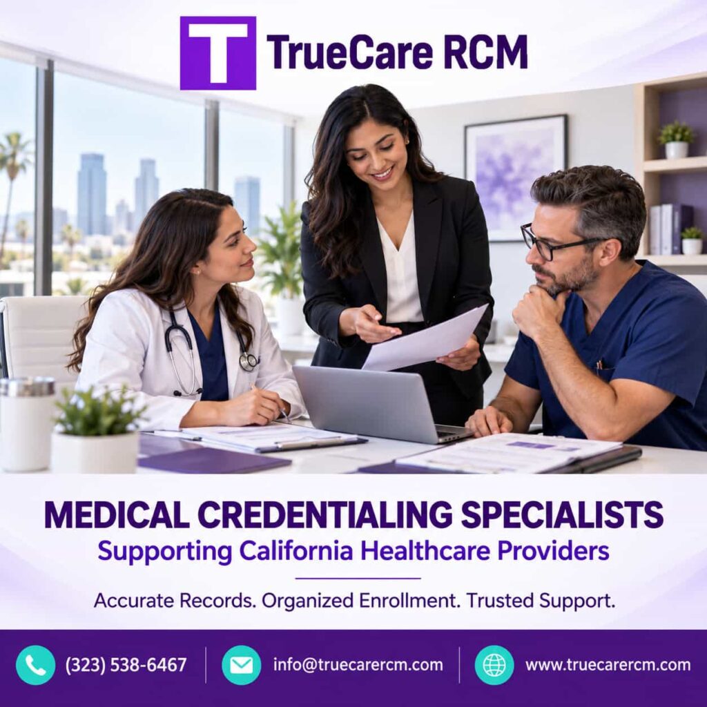 TrueCare RCM healthcare credentialing support graphic featuring professional collaboration and California provider enrollment services.